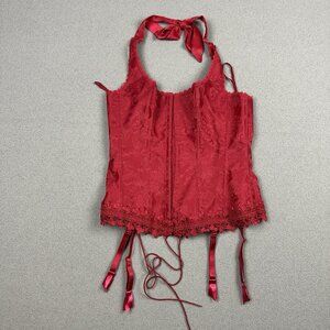 Fredericks Of Hollywood Dream Brocade Halter Corset Sz 36 Red Lace Up